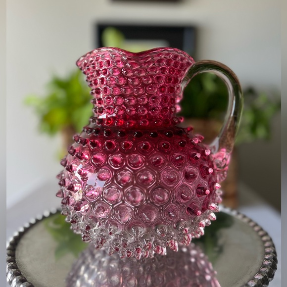 Vintage Cranberry Hobnail Large Pitcher & Dew Drop Glass Bowl | 1950s - Picture 7 of 16
